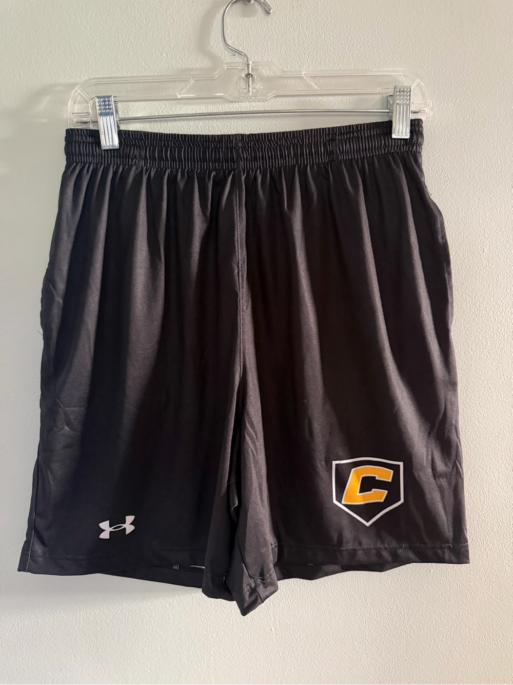 Under Armour Men’s Black Athletic Shorts with C inside home plate- adult Medium